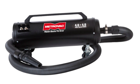 Metrovac Air Force Master Blaster high-velocity pet dryer with dual 4.0 HP motors, 58,500 FPM airflow, and no heating element for safe, efficient grooming.