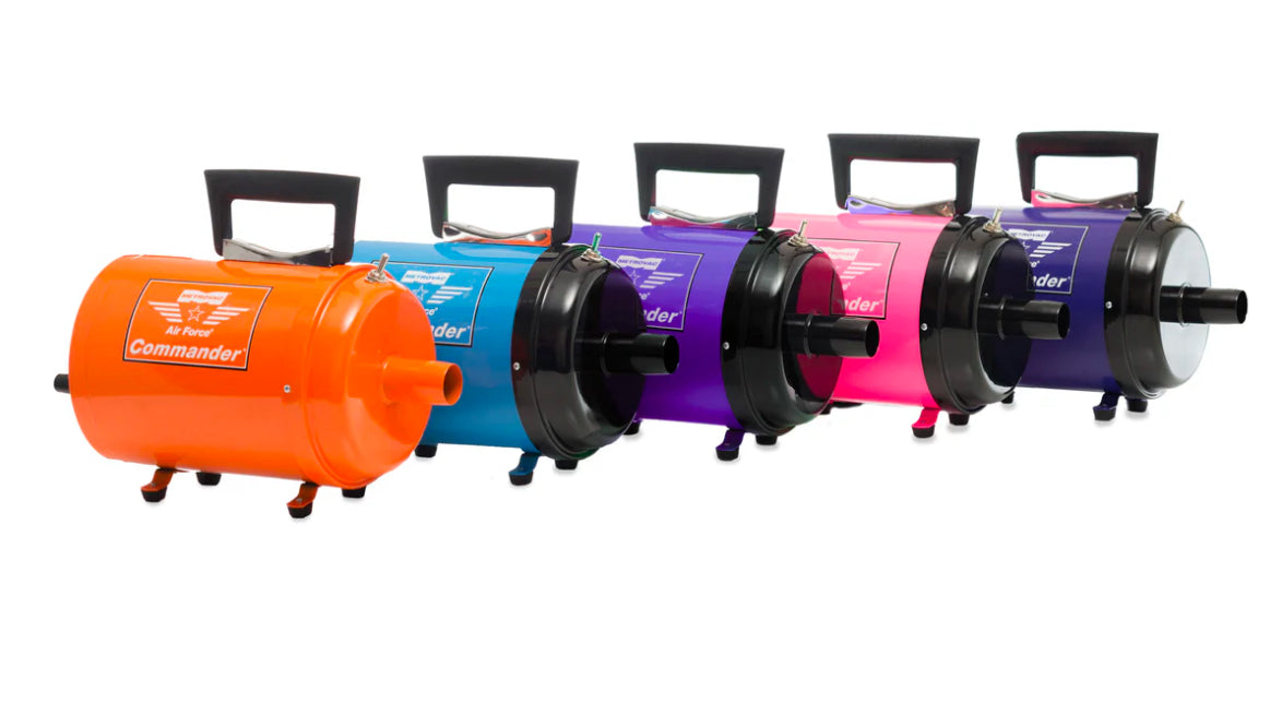 Metrovac Air Force Commander 2-speed pet dryer with 1.17 HP motor, 86 CFM airflow, and all-steel construction for efficient grooming in different colors blue pink orange purple black