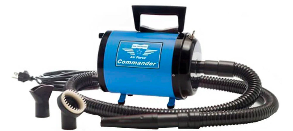 Metrovac Air Force Commander 2-speed pet dryer with 1.17 HP motor, 86 CFM airflow, and all-steel construction for efficient grooming in blue