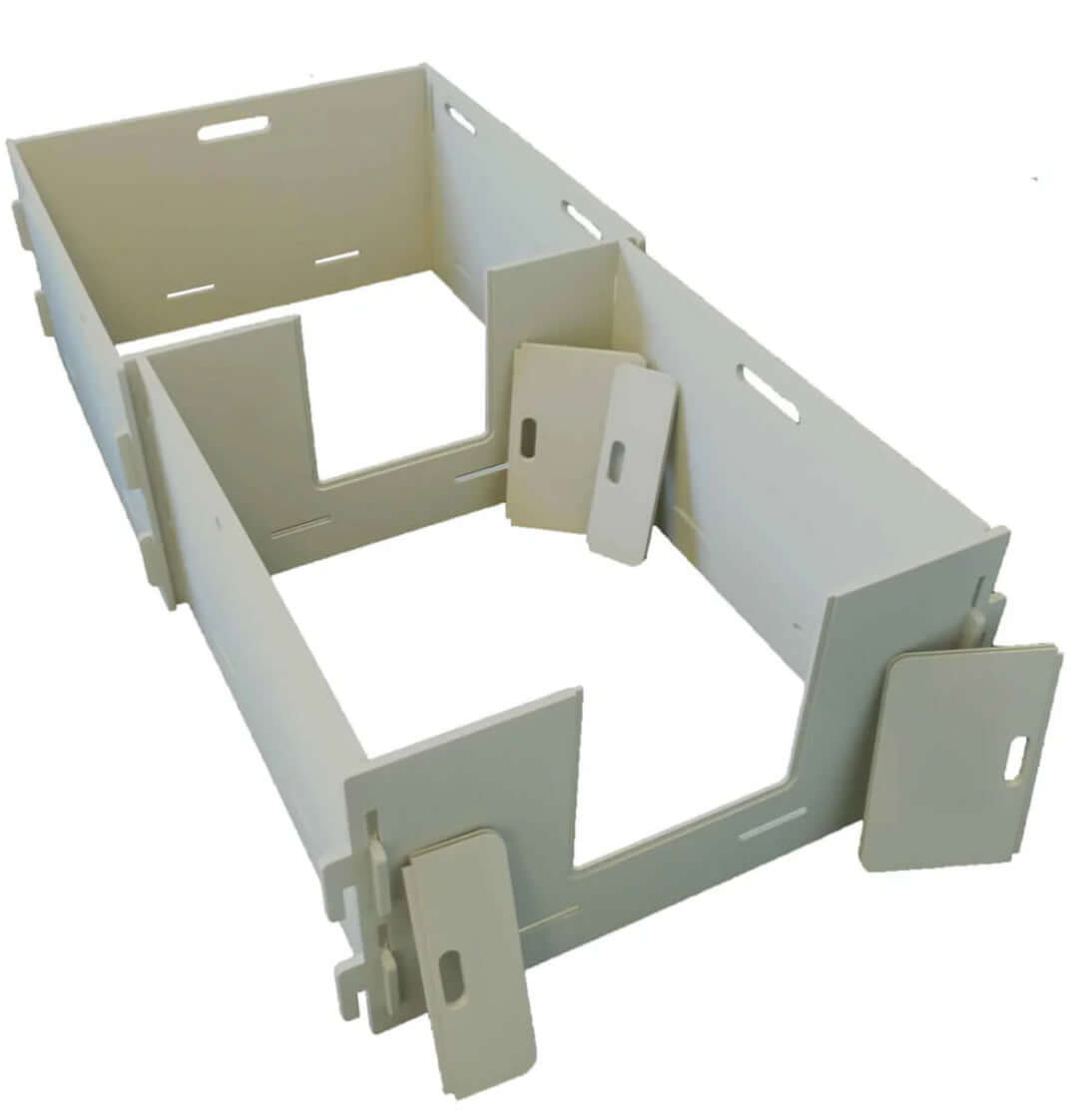 A modular whelping box with interlocking sides, designed for easy assembly and disassembly. It provides a secure and comfortable space for a dog to give birth and care for her puppies.