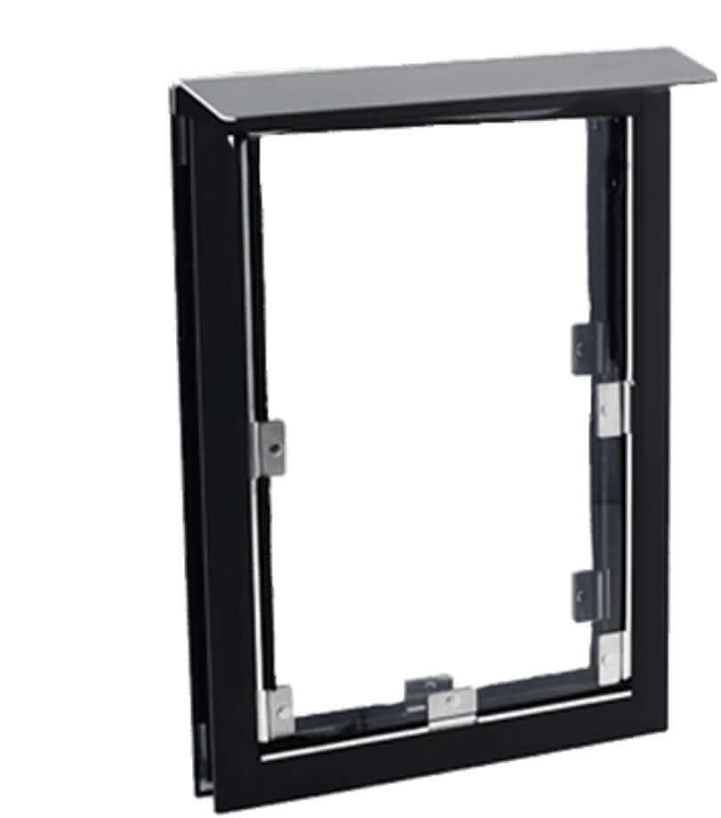 Halie pet door for dogs and cats installed in a standard door, featuring a secure flap and weather-resistant frame for easy pet access