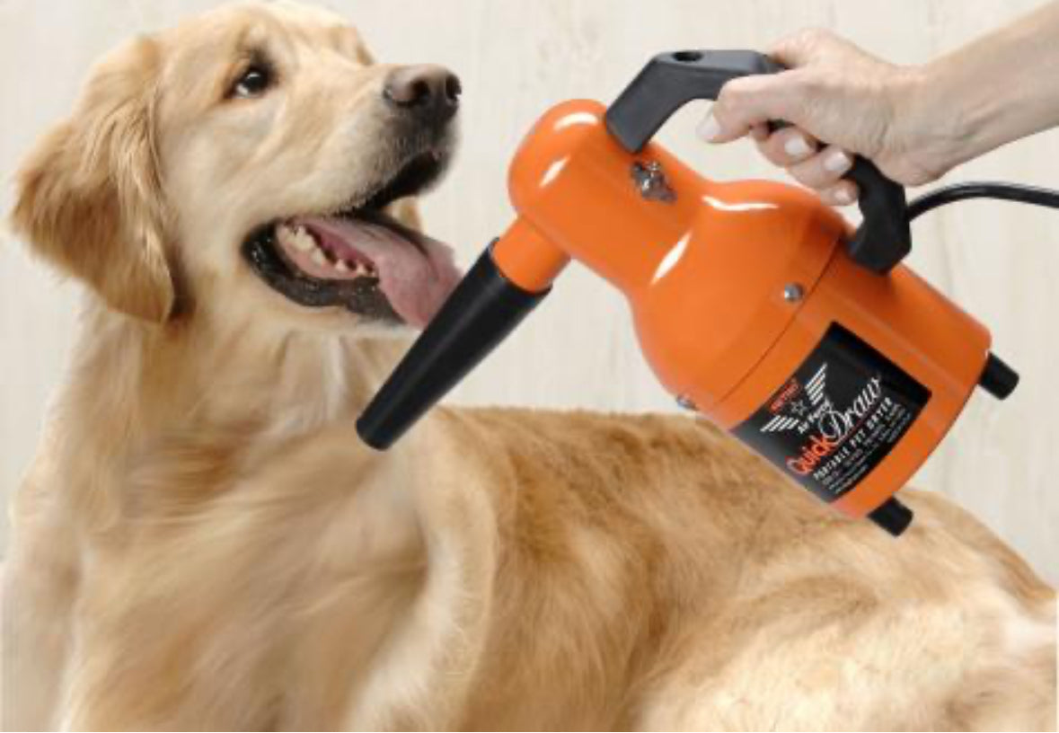 Metrovac Air Force Quick Draw Pet & Dog Grooming Dryer Professional Pet Dryer picture of a dog being dried off with dog blow dryer