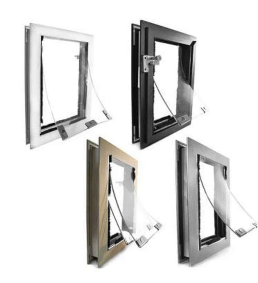 Halie pet door installed in a standard door, featuring a secure flap and weather-resistant frame for easy pet access.