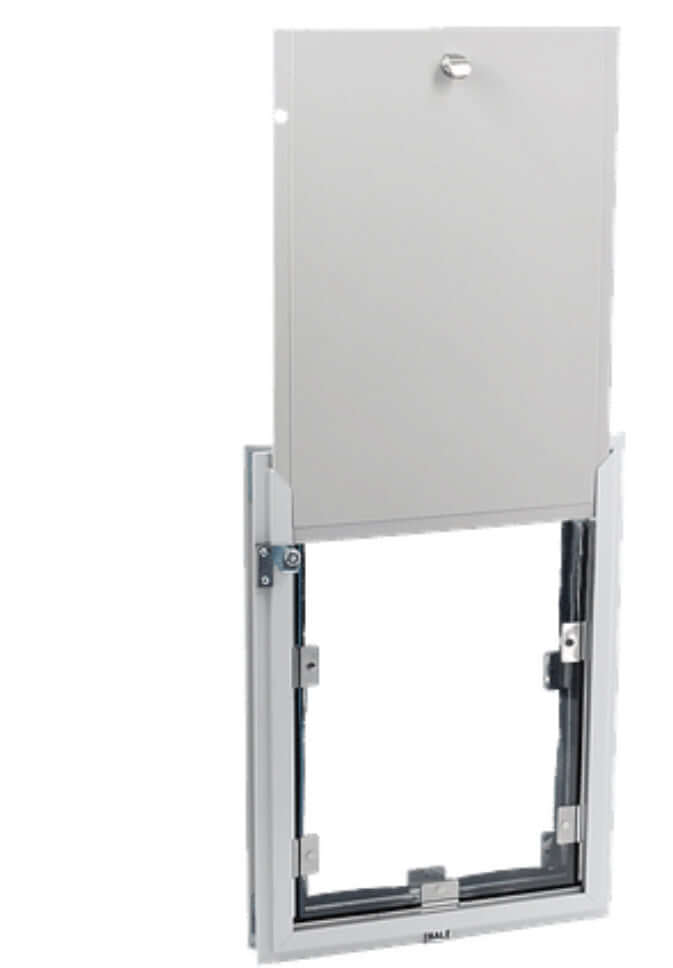 Halie pet door for dogs and cats installed in a standard door, featuring a secure flap and weather-resistant frame for easy pet access