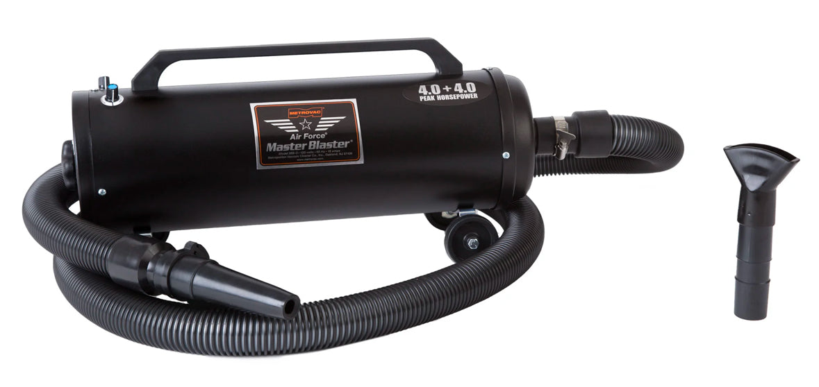 Metrovac Air Force Master Blaster high-velocity pet dryer with dual 4.0 HP motors, 58,500 FPM airflow, and no heating element for safe, efficient grooming.