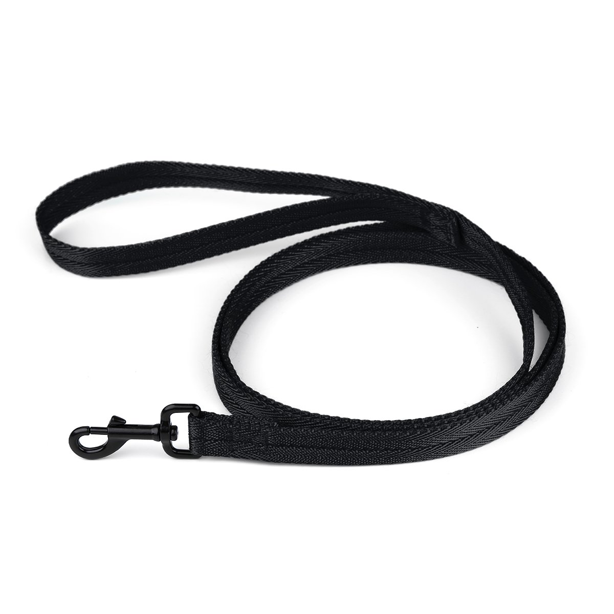 Black nylon dog leash with black snap hook, flat design