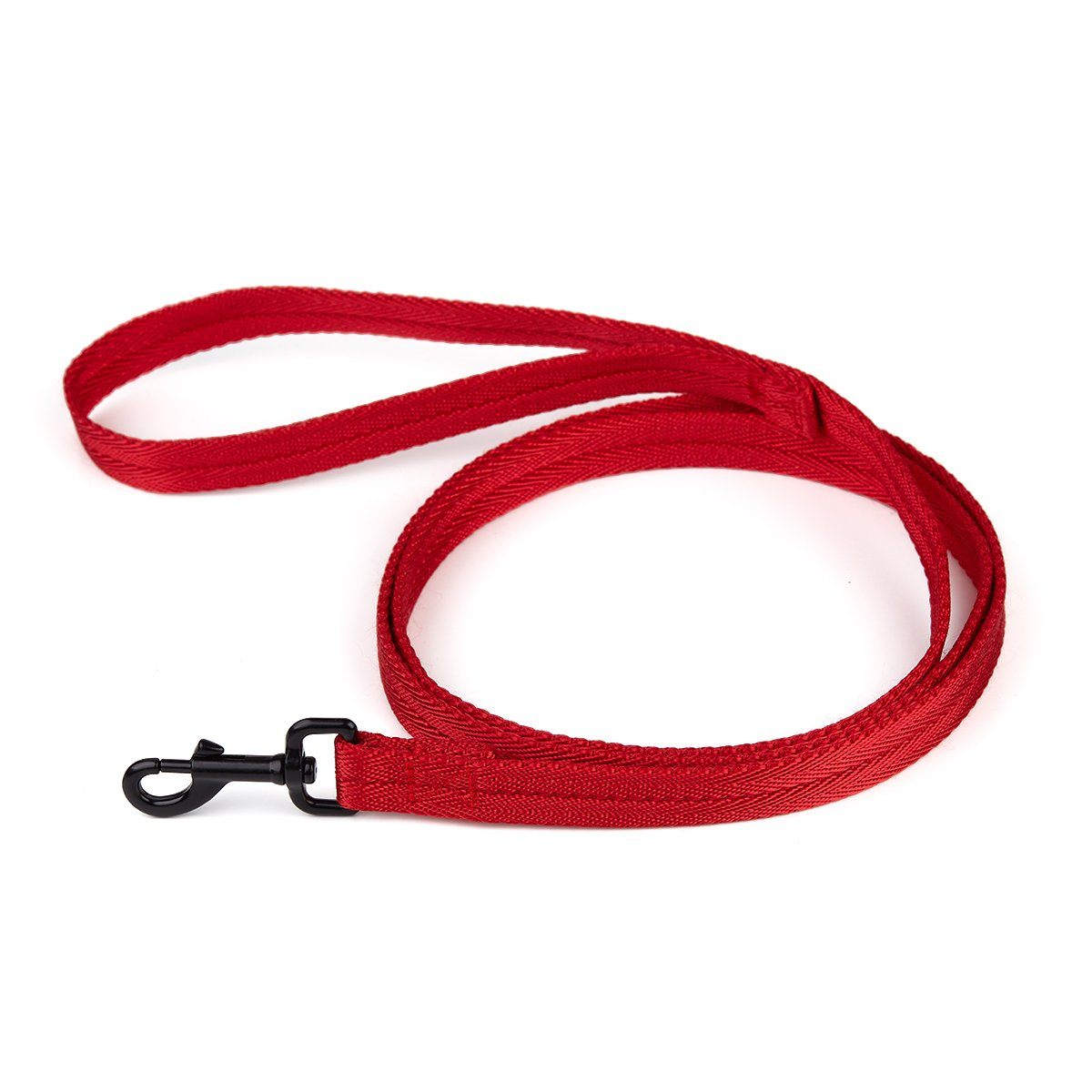 Red nylon dog leash with black snap hook, flat design