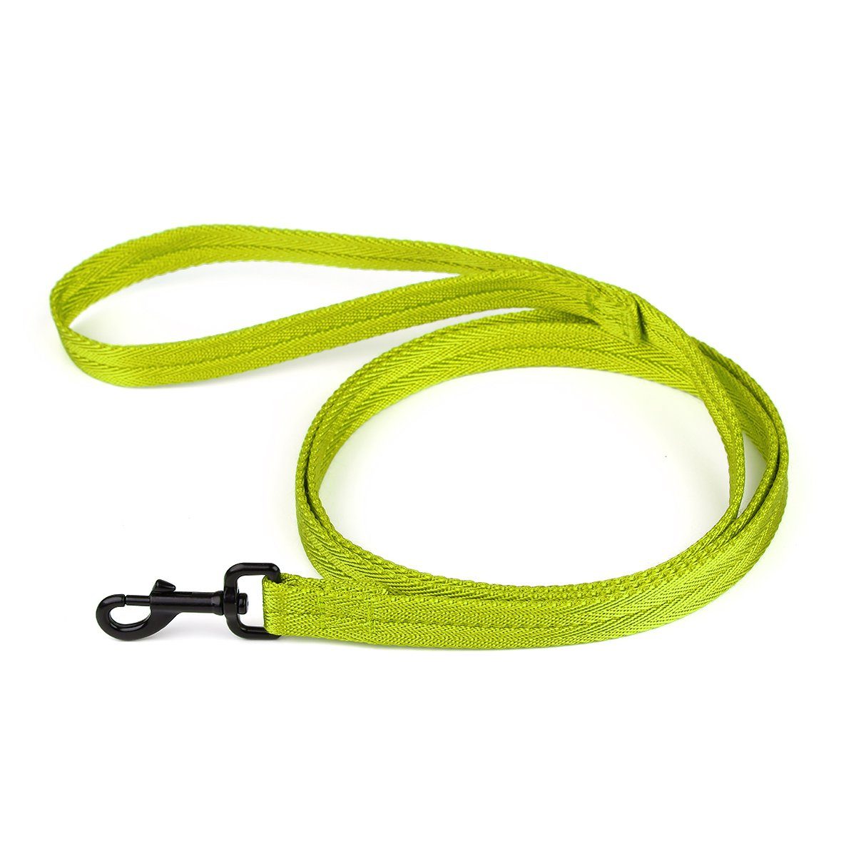 Lime green nylon dog leash with black snap hook, flat design