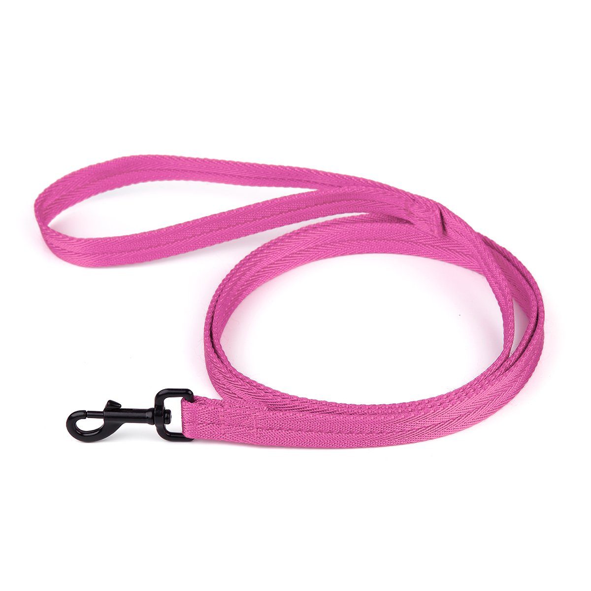 Pink nylon dog leash with black snap hook, flat design