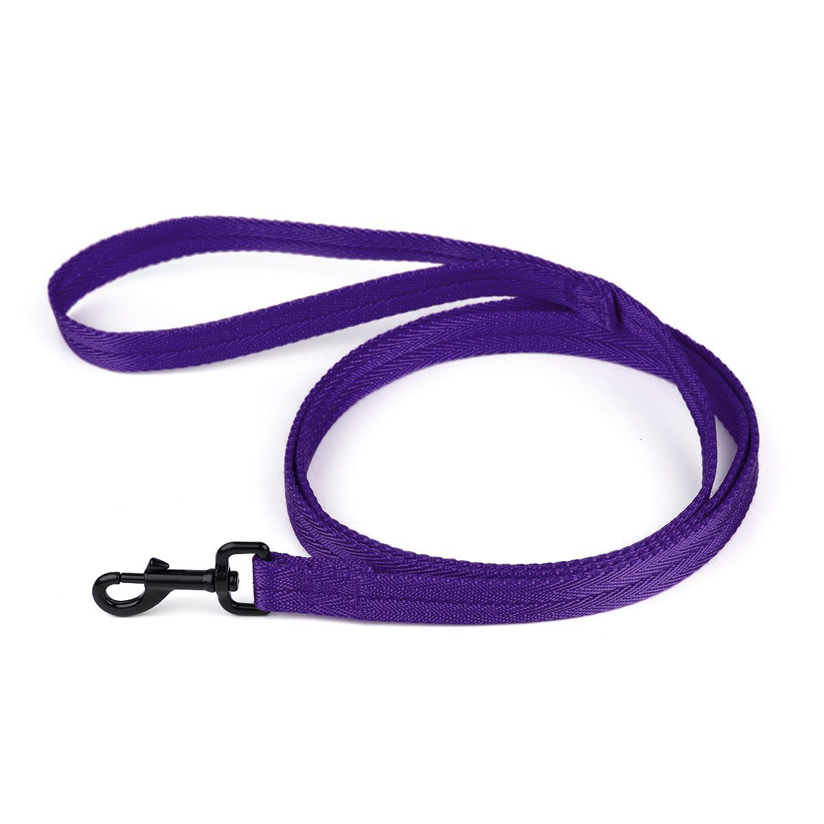 Purple nylon dog leash with black snap hook, flat design
