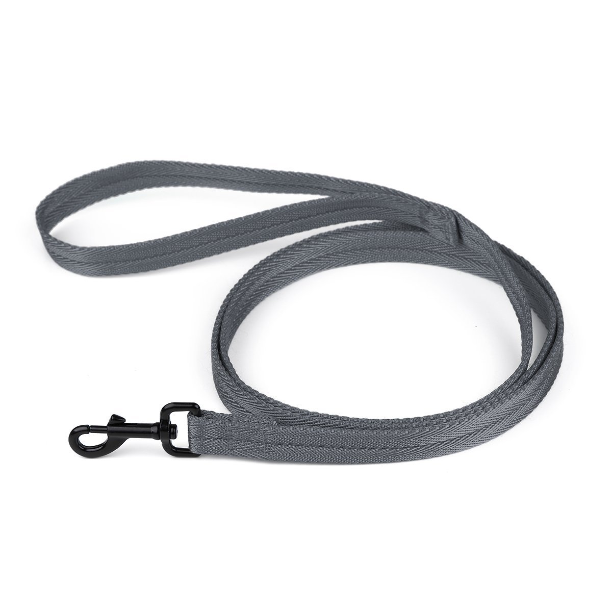 Gray nylon dog leash with black snap hook, flat design