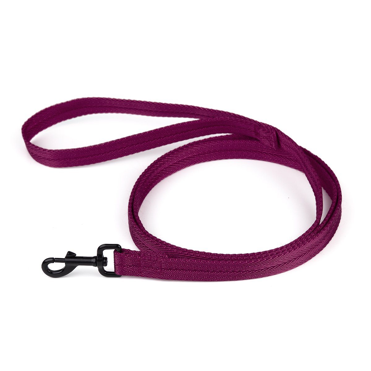 Burgundy nylon dog leash with black snap hook, flat design