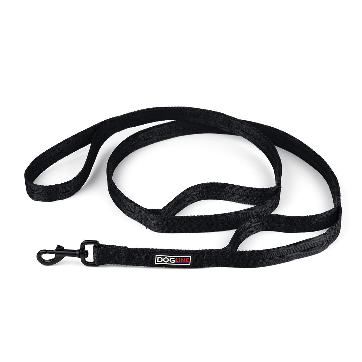 Black nylon dog leash with 3 handles and black snap hook