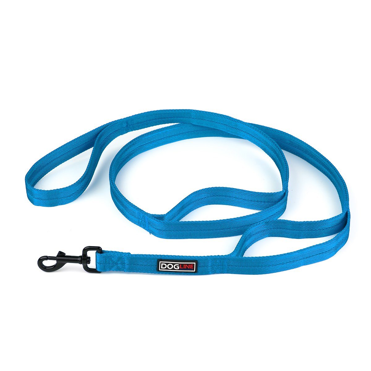 Cyan blue nylon dog leash with 3 handles and black snap hook
