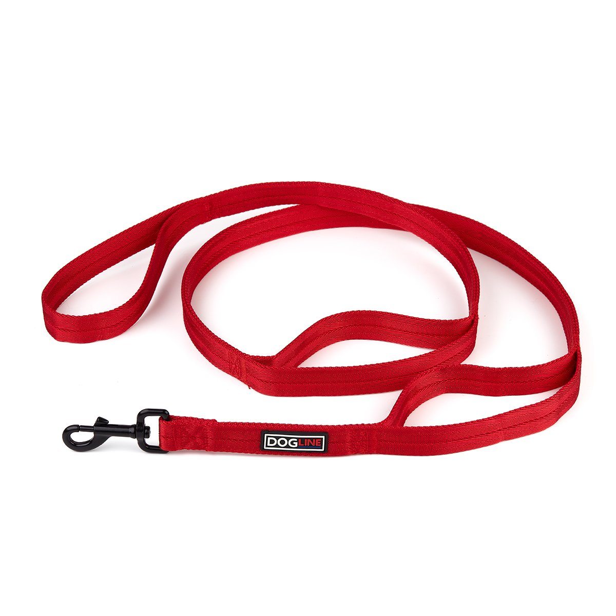 Red nylon dog leash with 3 handles and black snap hook