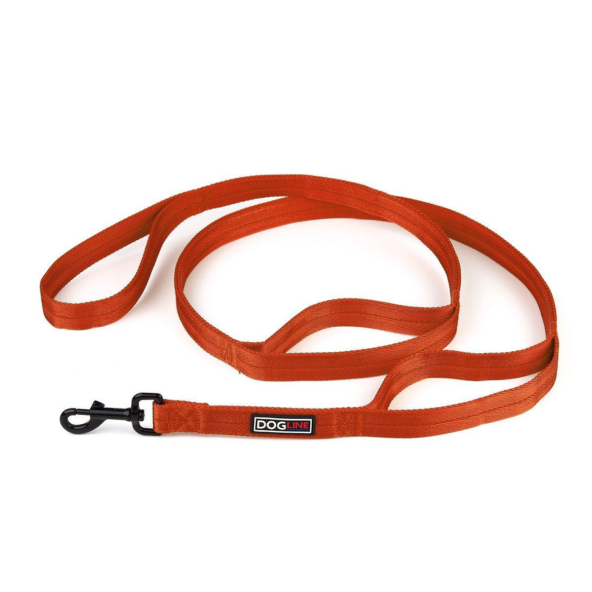 Orange nylon dog leash with 3 handles and black snap hook