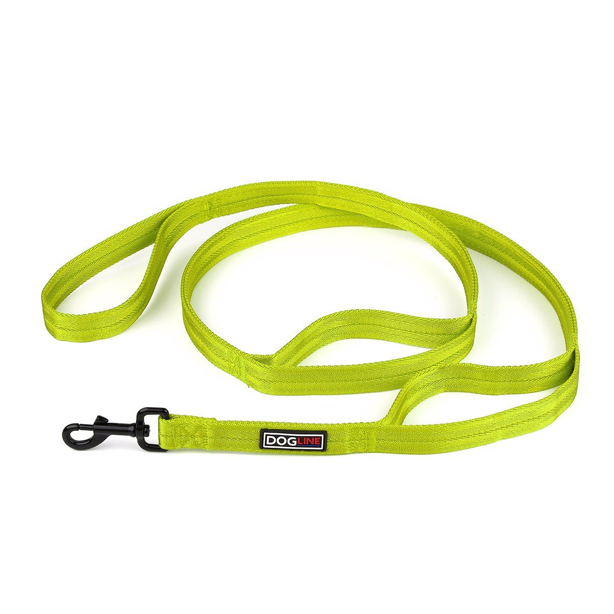Lime green nylon dog leash with 3 handles and black snap hook