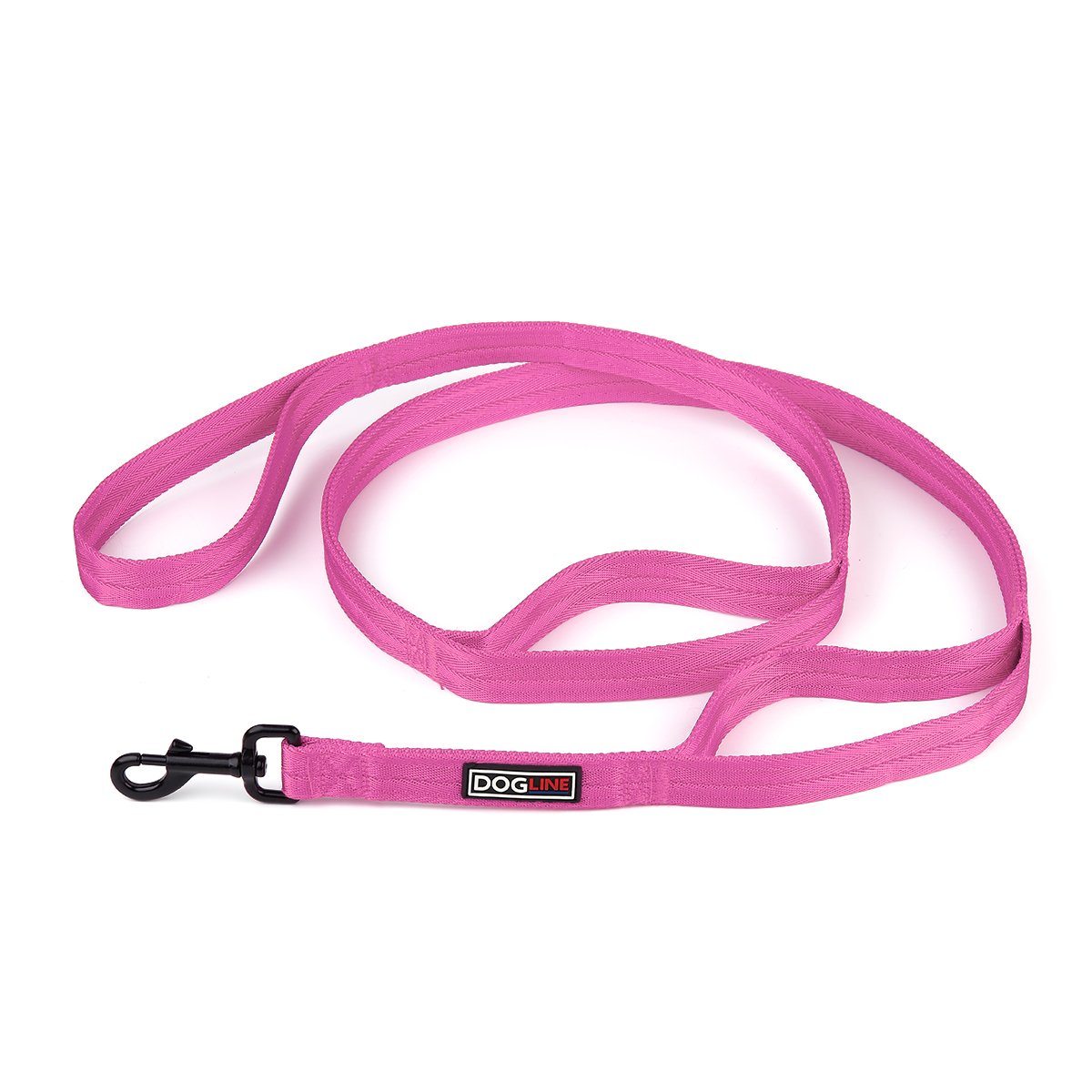 Pink nylon dog leash with 3 handles and black snap hook