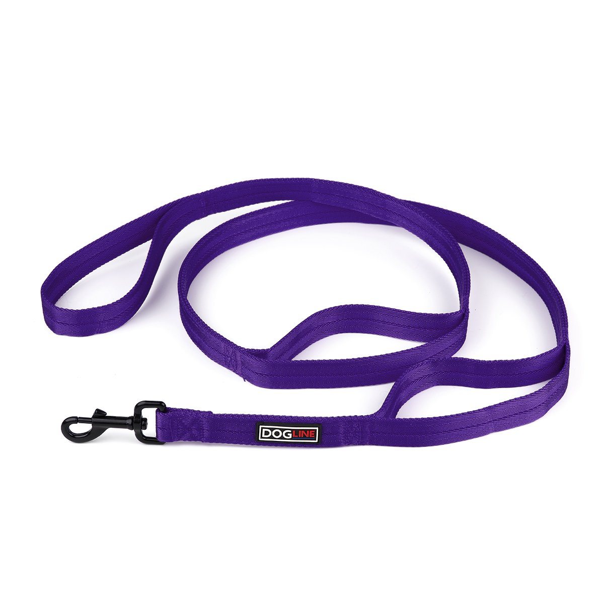 Purple nylon dog leash with 3 handles and black snap hook