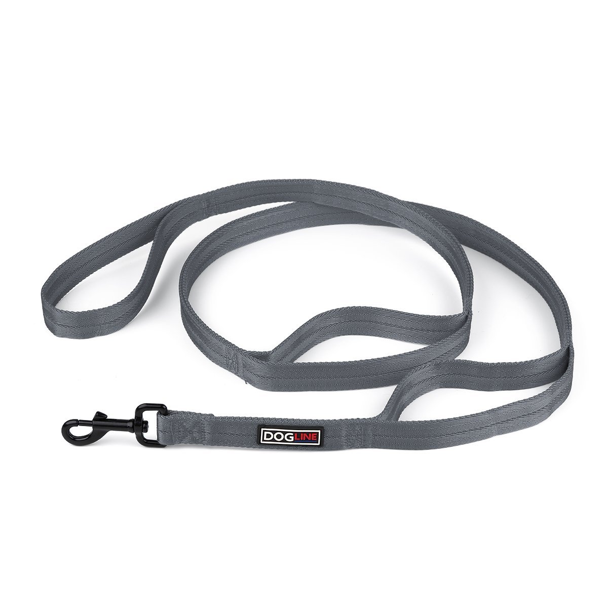 Gray nylon dog leash with 3 handles and black snap hook