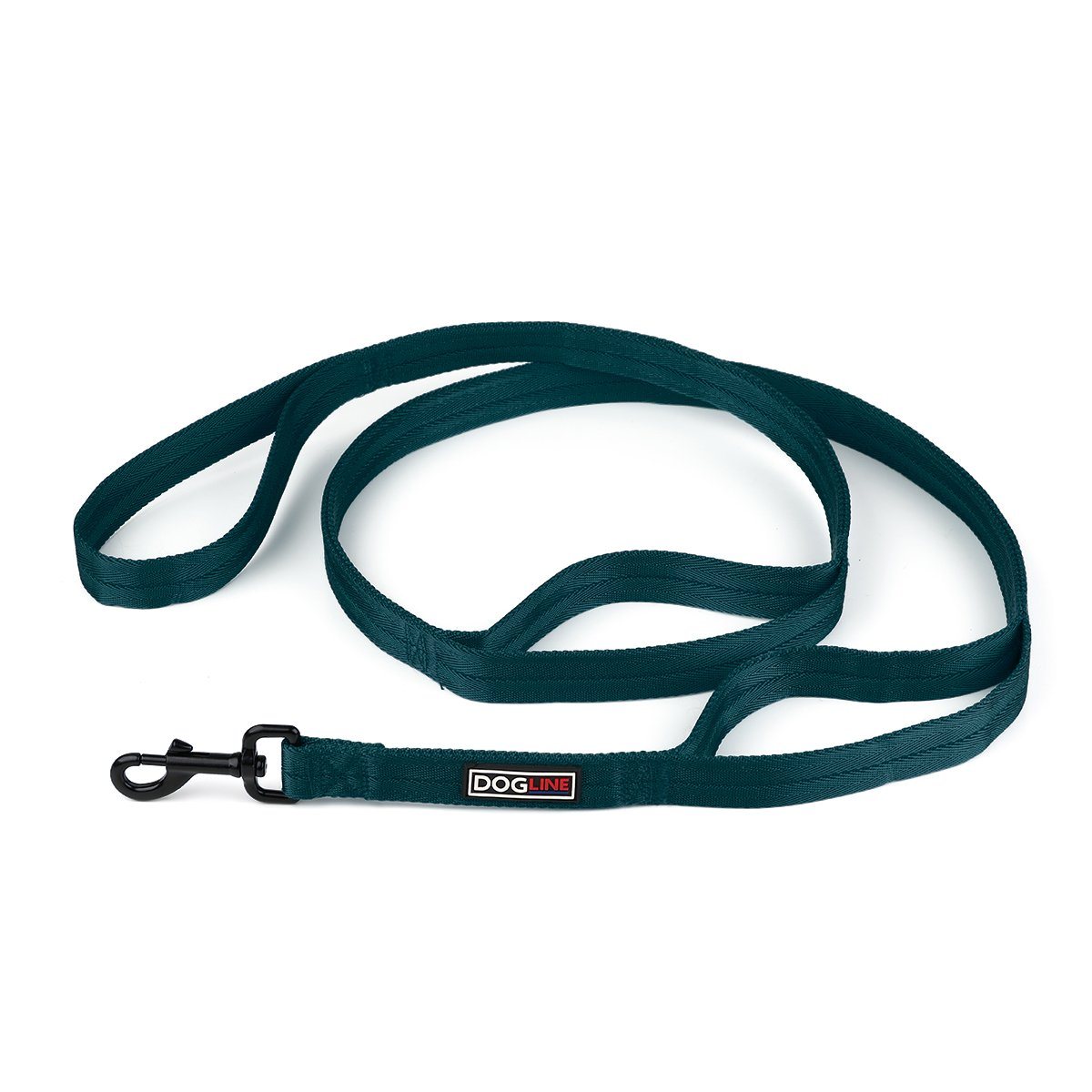 Teal nylon dog leash with 3 handles and black snap hook
