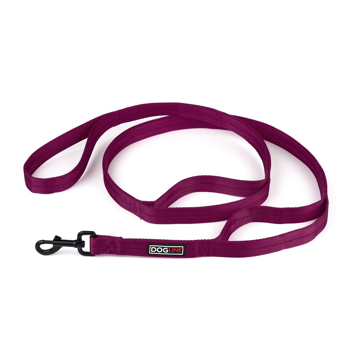 Burgundy nylon dog leash with 3 handles and black snap hook