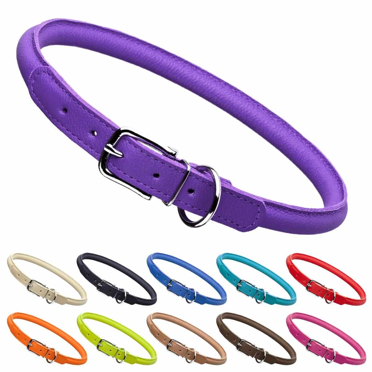 Soft leather round dog collars displayed in a variety of vibrant colors