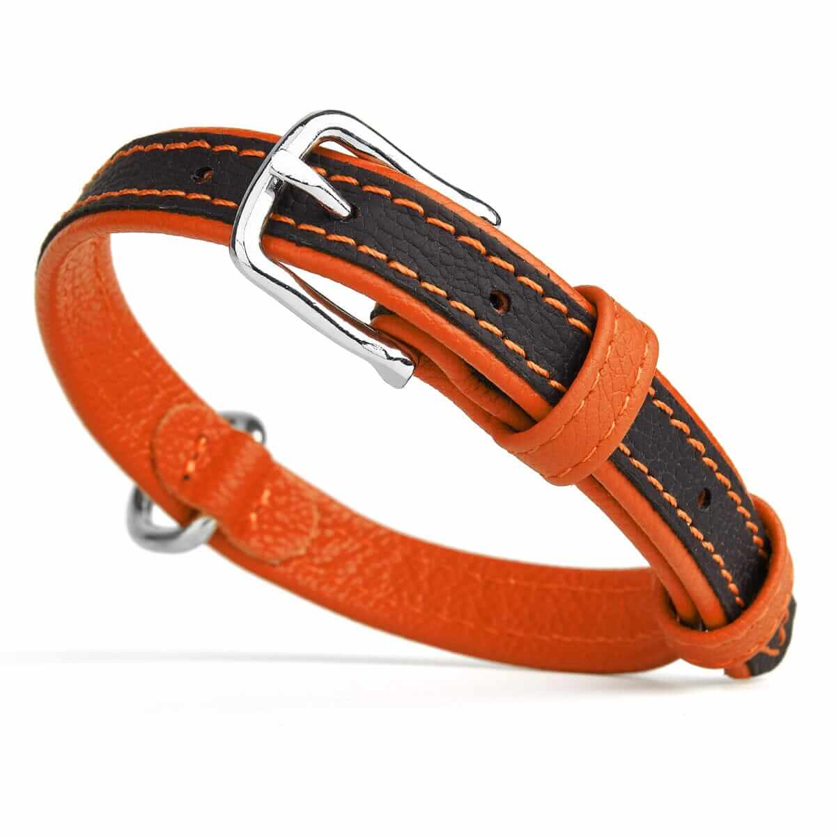 A picture of Soft leather dual-color flat dog collar with durable metal buckle with a white background