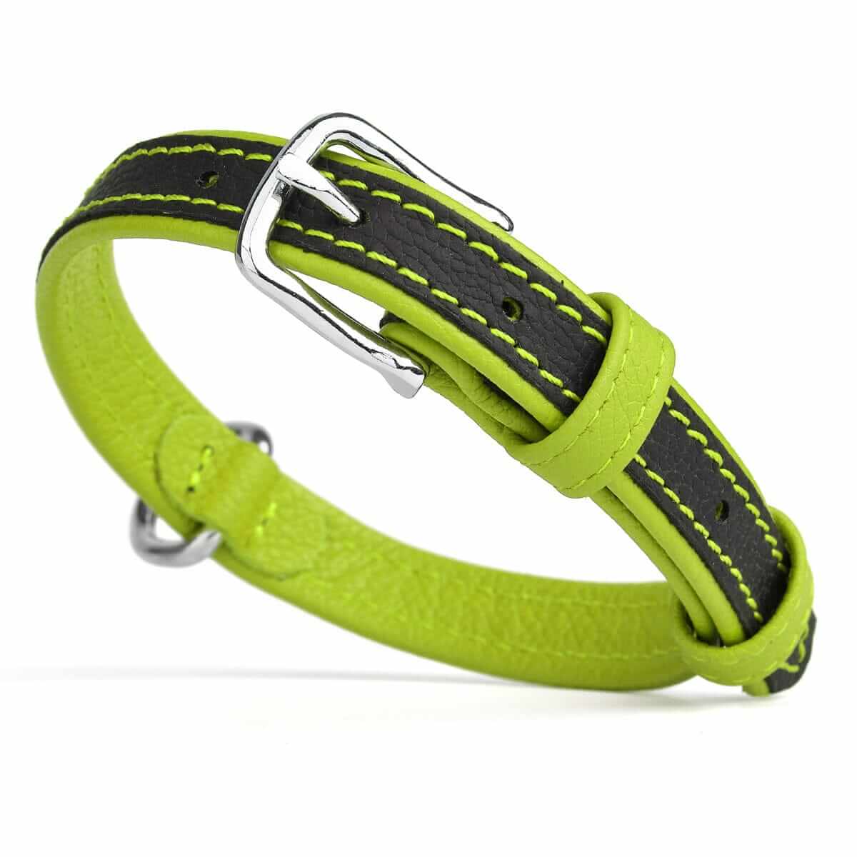 A picture of Soft leather dual-color flat dog collar with durable metal buckle with a white background
