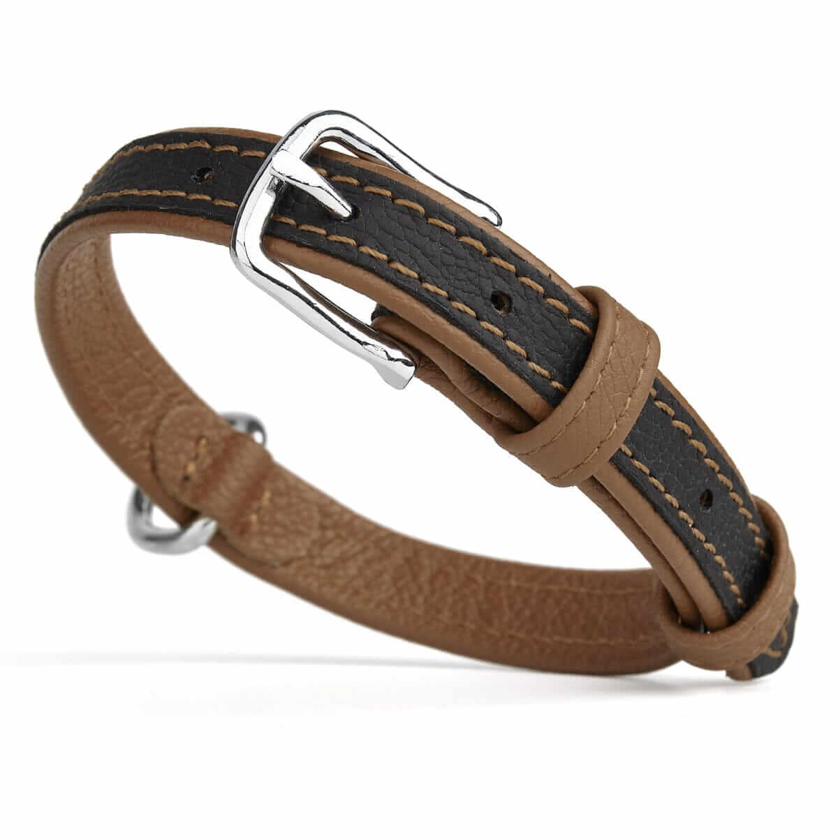 A picture of Soft leather dual-color flat dog collar with durable metal buckle with a white background