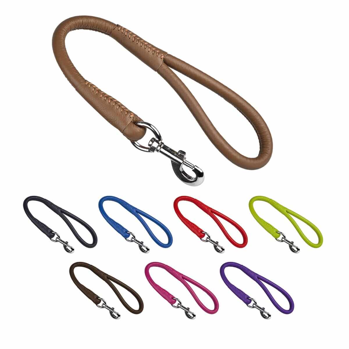 Soft leather round traffic lead for dogs, short control leash ideal for training and urban walking