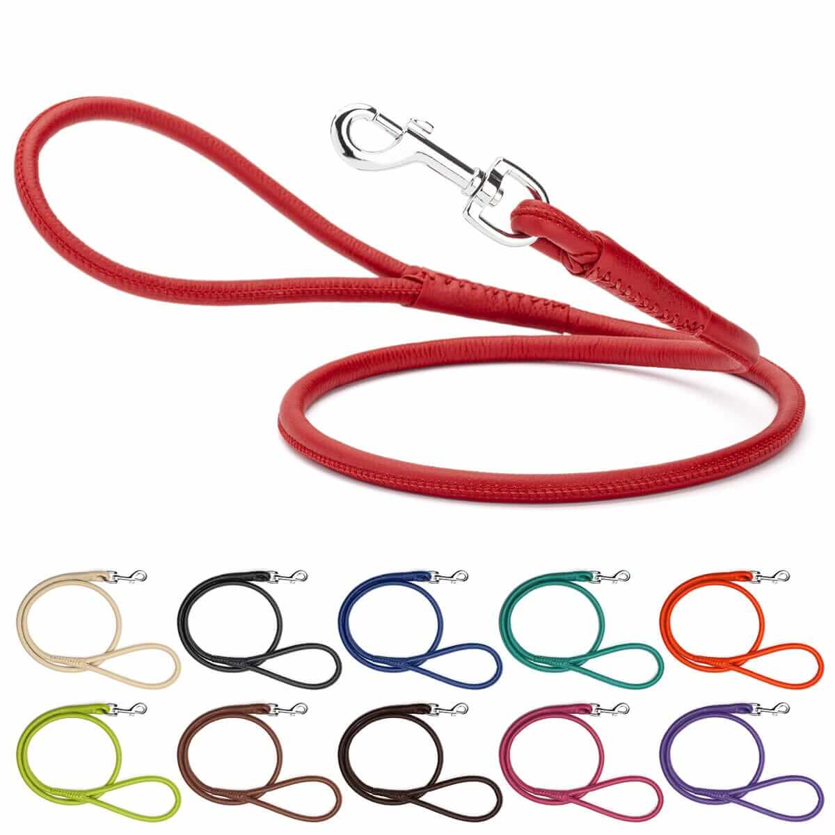 Soft leather round dog lead with comfortable grip and durable construction for everyday walking