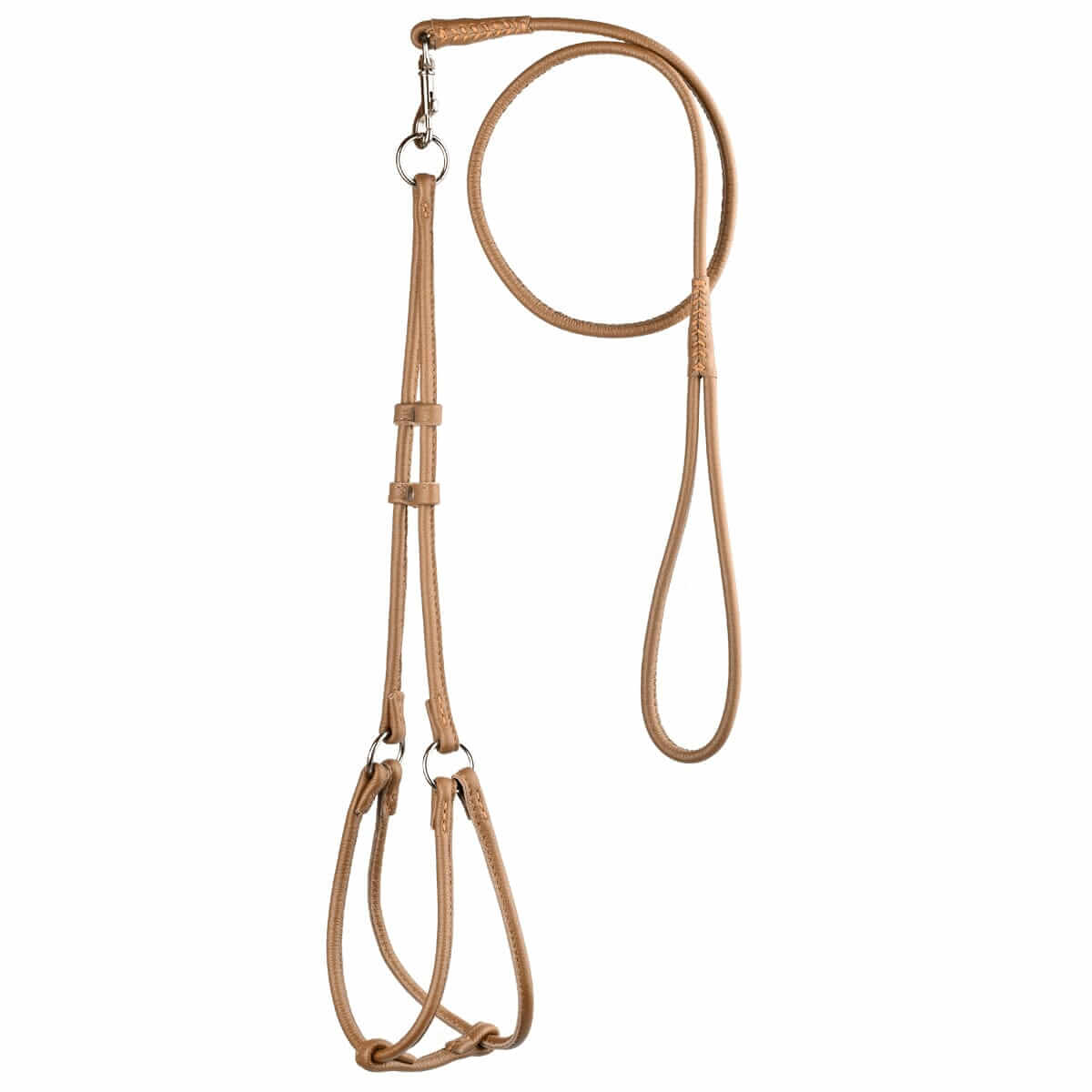Soft leather round step-in dog harness with matching round leather lead, comfortable and secure walking set for dogs