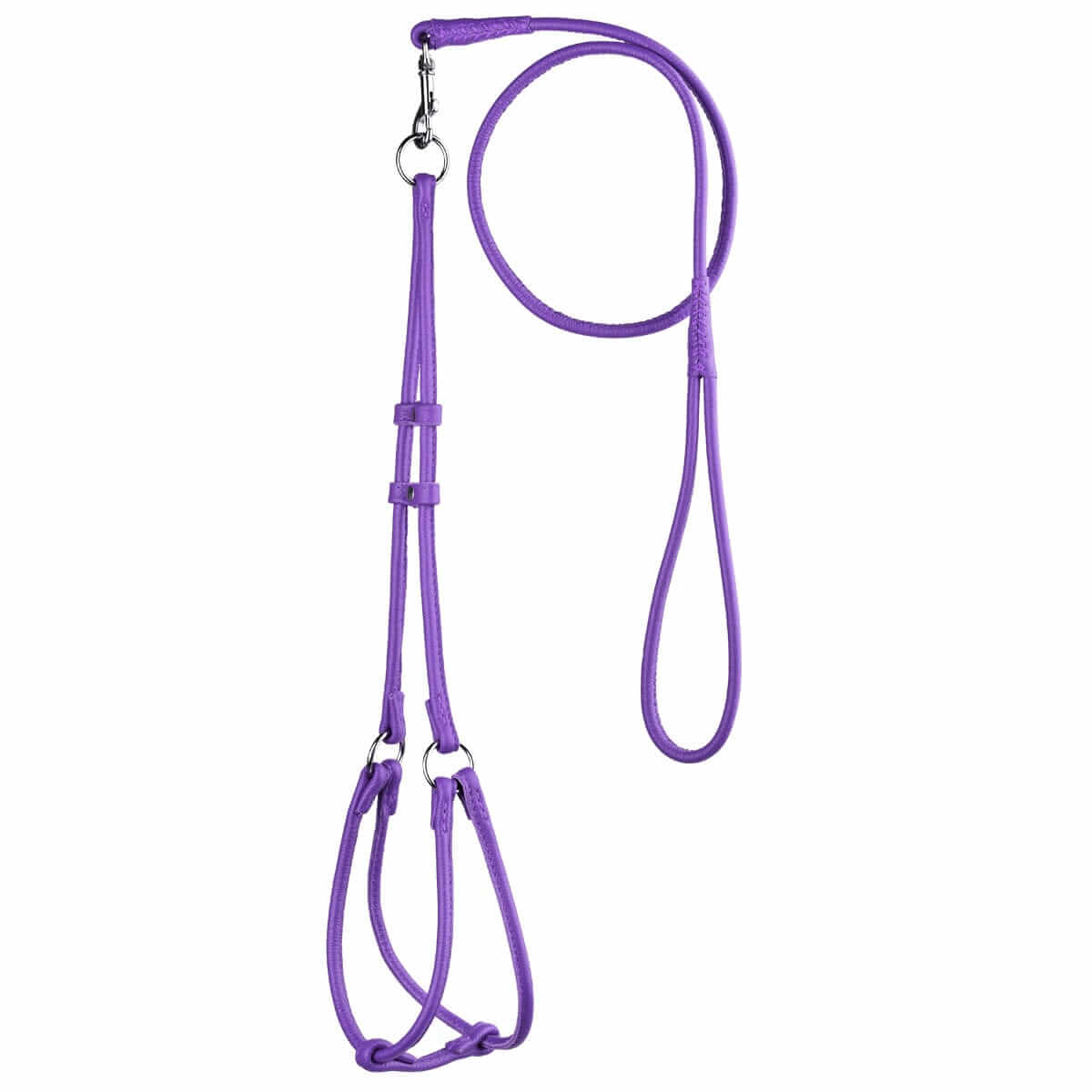 Soft leather round step-in dog harness with matching round leather lead, comfortable and secure walking set for dogs