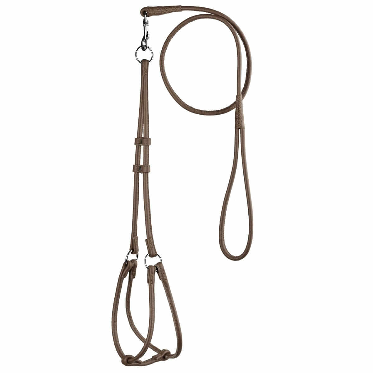 Soft leather round step-in dog harness with matching round leather lead, comfortable and secure walking set for dogs