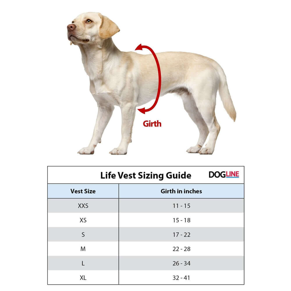 Dog life vest flotation device with adjustable straps and buoyant design for water safety size chart