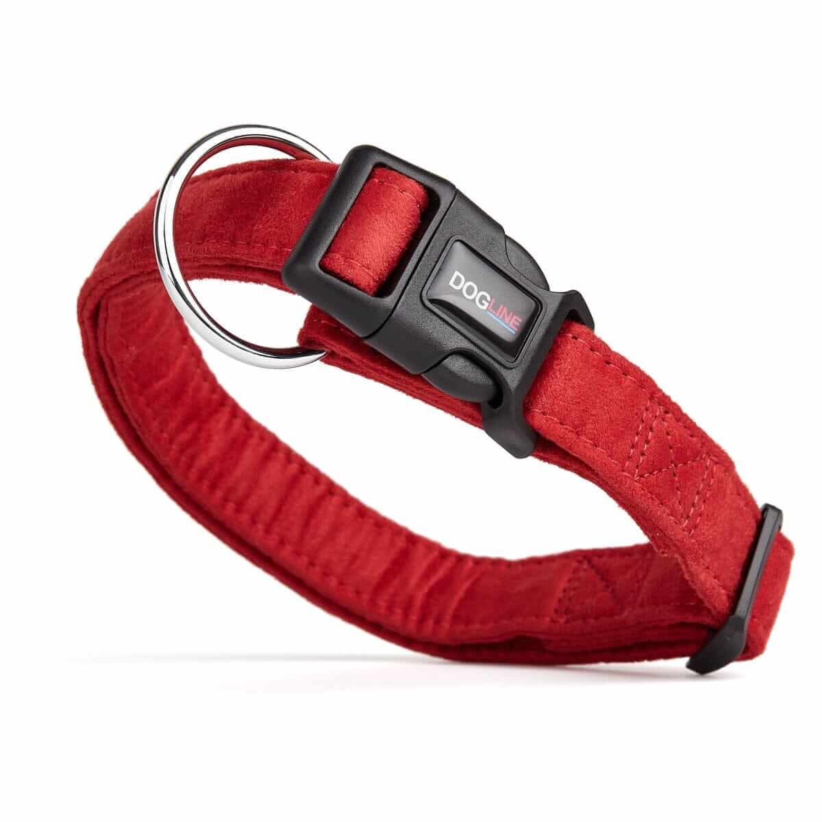 Red dog collar with quick release buckle and metal ring, made from soft microfiber, 3/4- and 1-inch wide