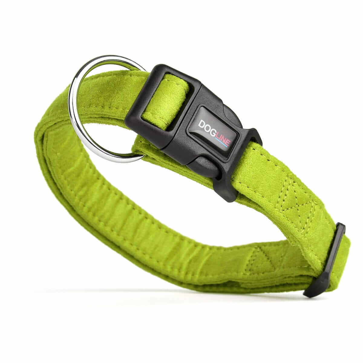 Lime green dog collar with quick release buckle and metal ring, made from soft microfiber, 3/4- and 1-inch wide