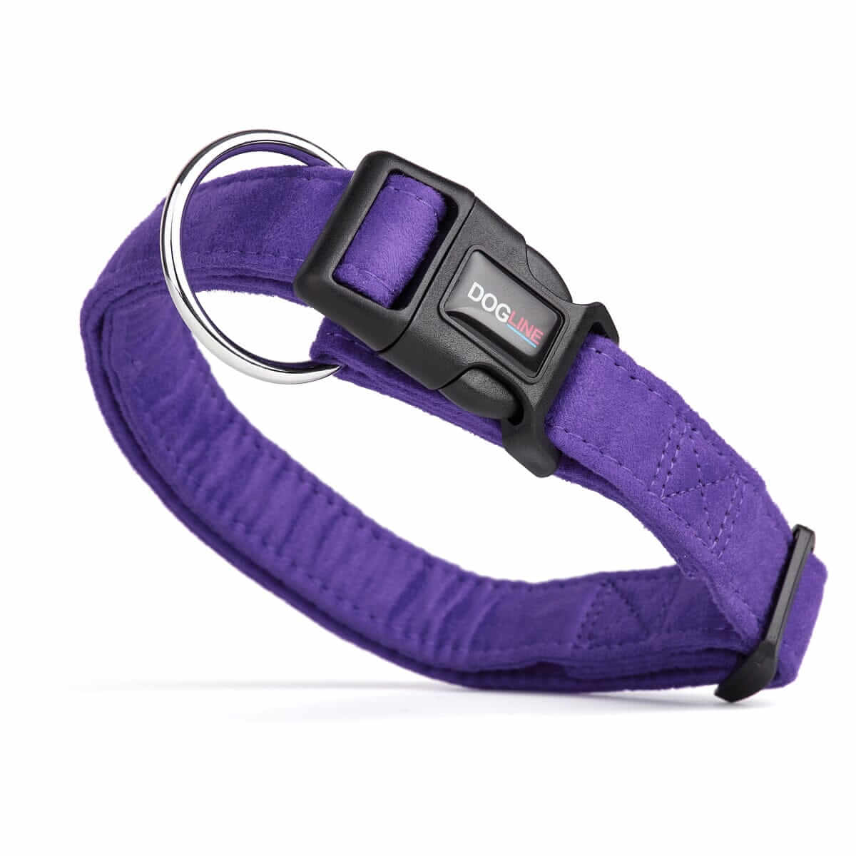 Purple dog collar with quick release buckle and metal ring, made from soft microfiber, 3/4- and 1-inch wide