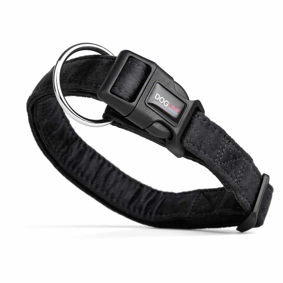 Black dog collar with quick release buckle and metal ring, made from soft microfiber, 3/4- and 1-inch wide