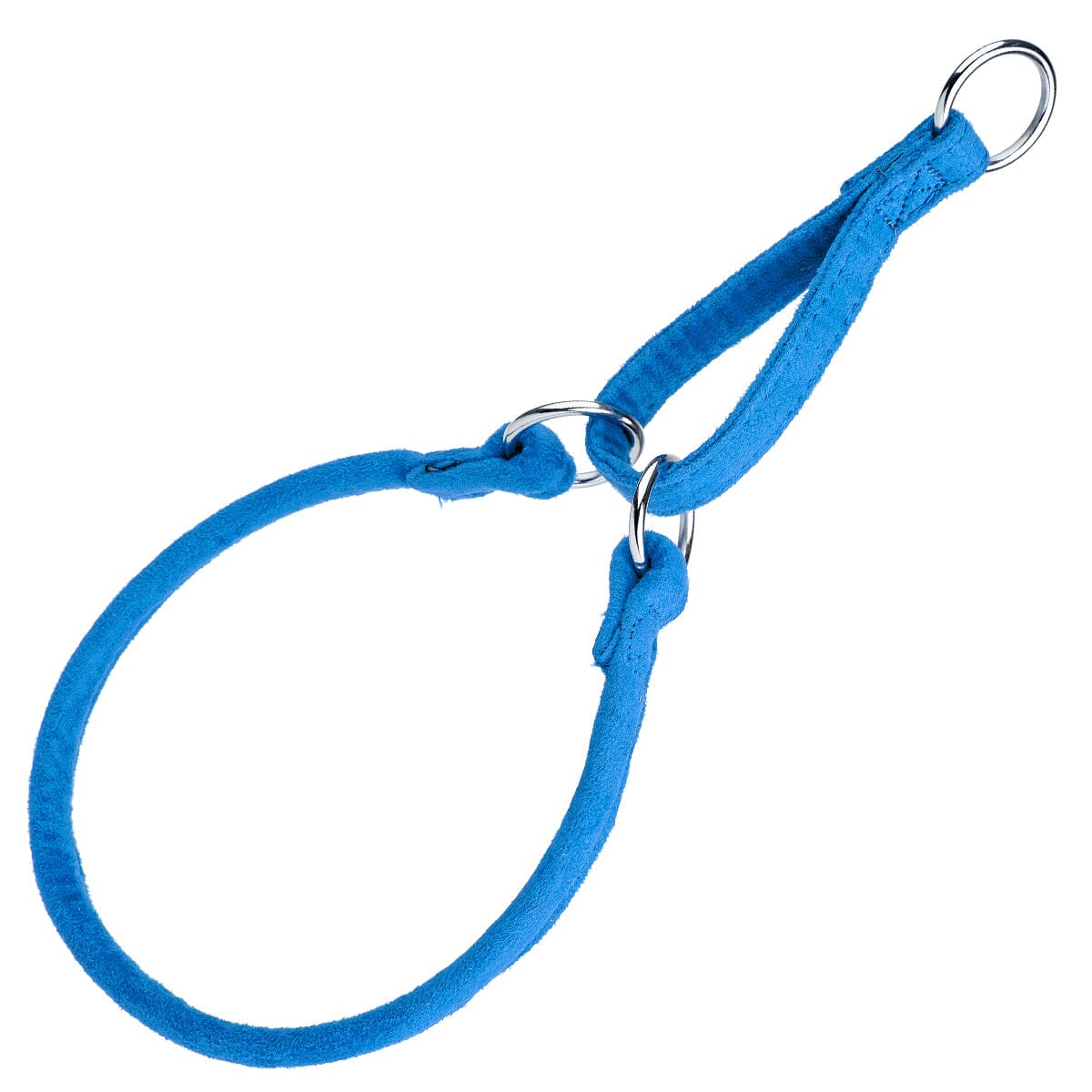 Blue martingale dog collar with metal rings, round design, made from microfiber