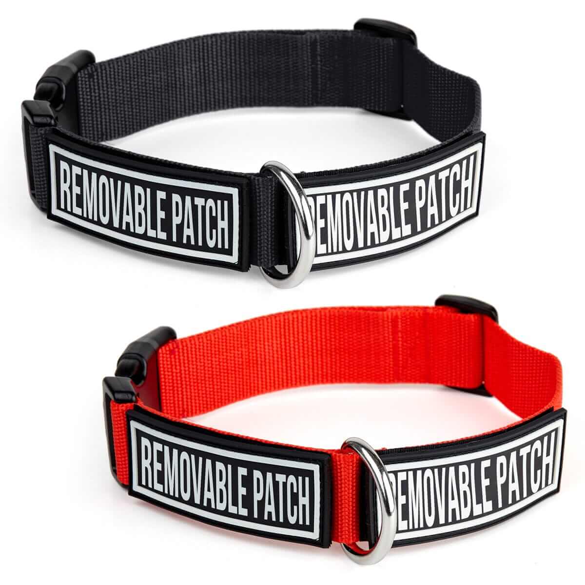 Nylon dog collar with quick release buckle and hook and loop fastener for patch attachment, two color options