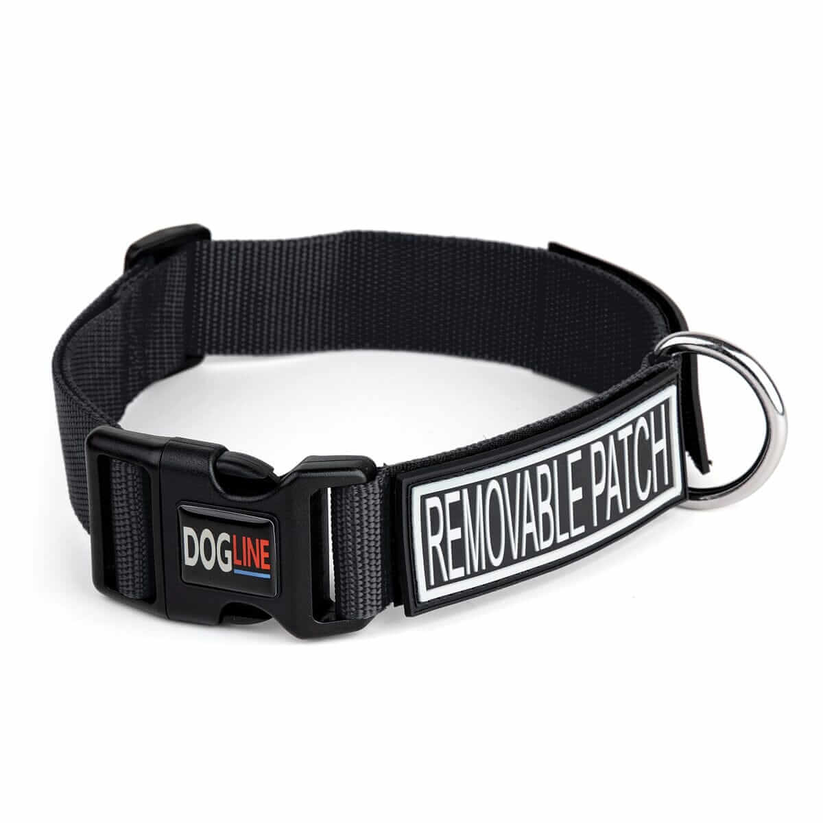Black nylon dog collar with quick release buckle and hook and loop fastener for patch attachment