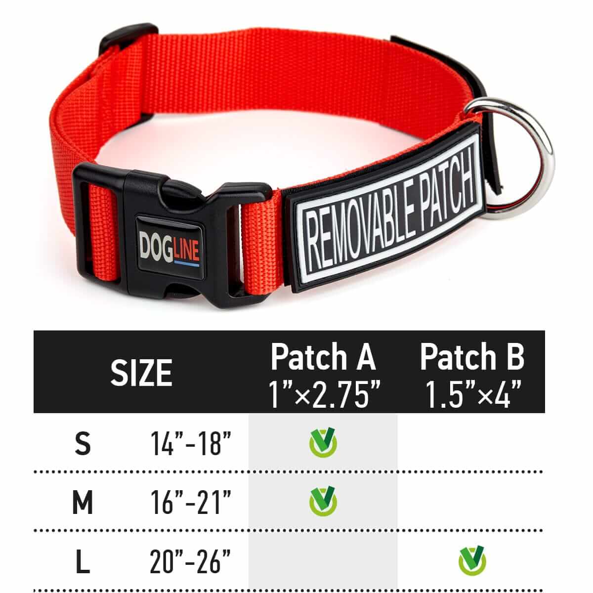 Red nylon dog collar with quick release buckle and hook and loop fastener for patch attachment With size guide underneath it
