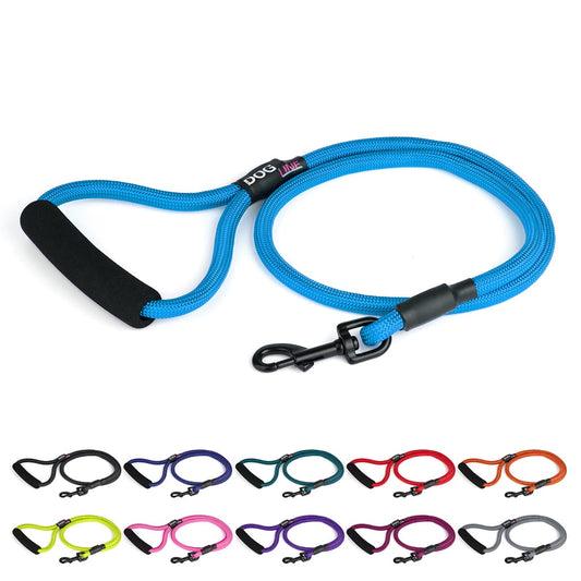 Nylon leash for dogs with padded handle and black snap hook, 11 color options, round design
