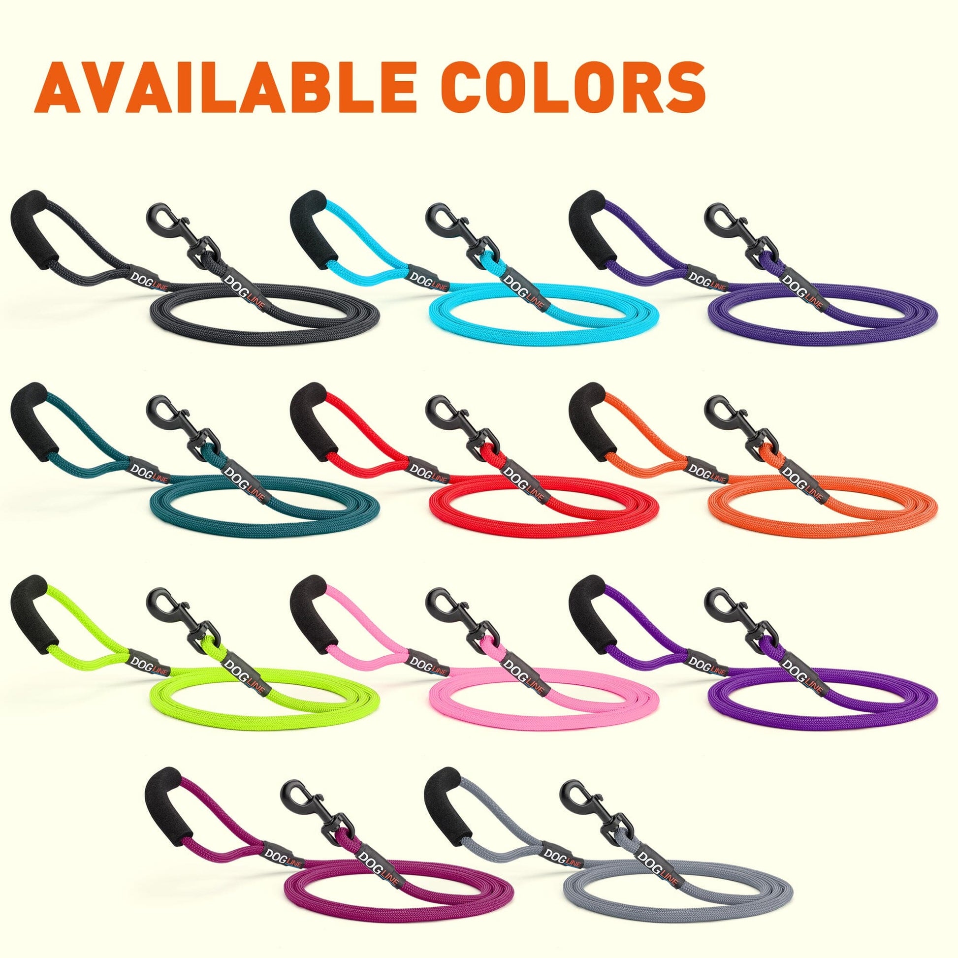 Nylon leashes for dogs with padded handle and black snap hook, 11 color options, round design