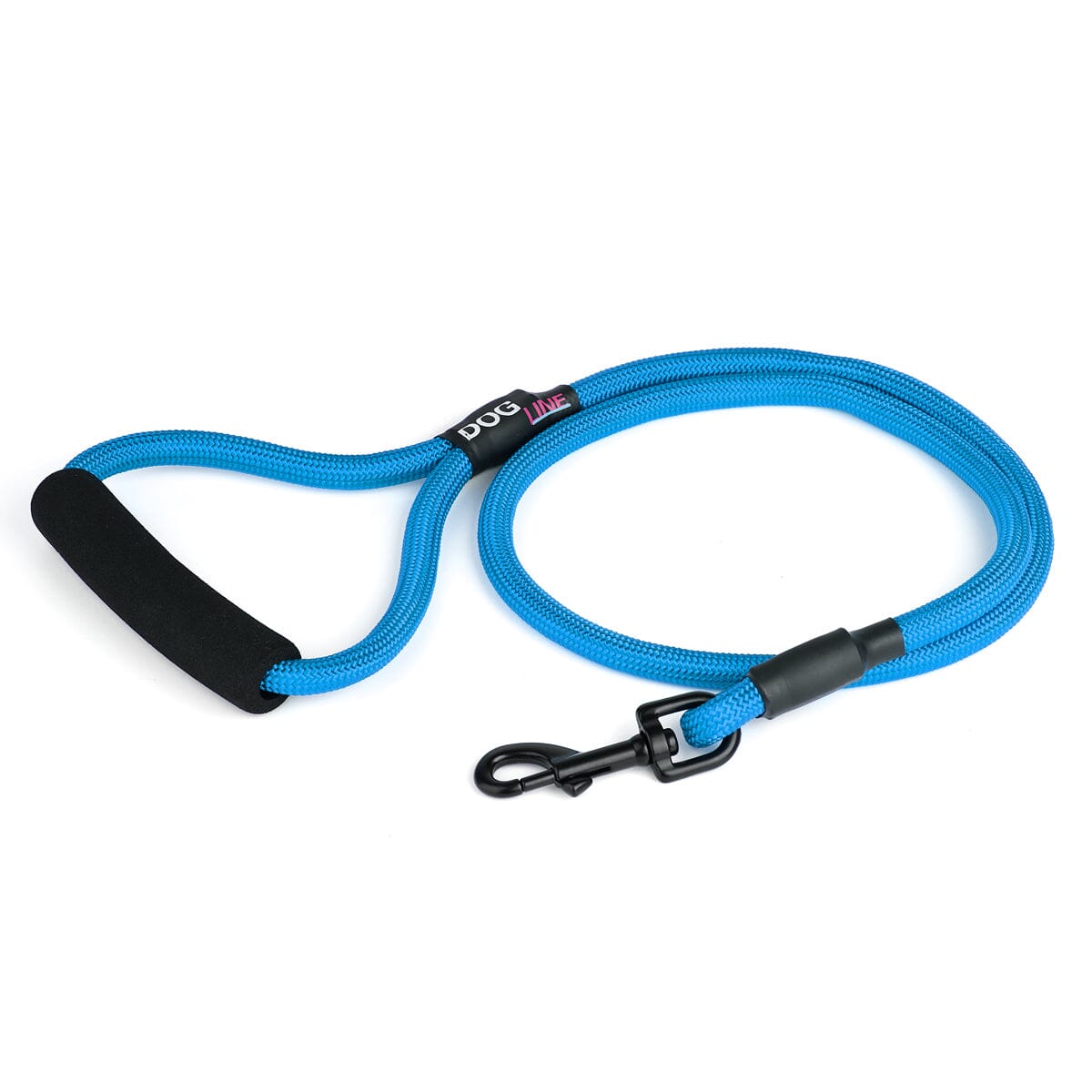 Cyan blue nylon dog leash with black snap hook and padded neoprene handle, round rope design, 4 ft long