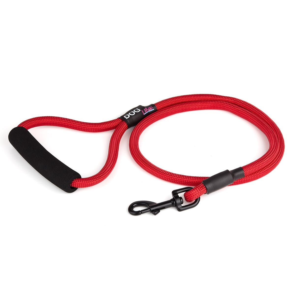 Red nylon dog leash with black snap hook and padded neoprene handle, round rope design, 4 ft long