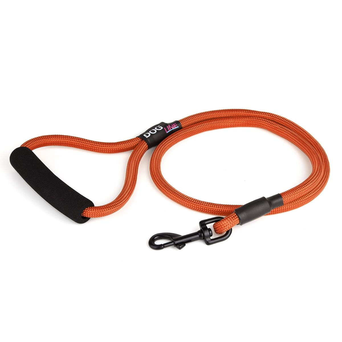 Orange nylon dog leash with black snap hook and padded neoprene handle, round rope design, 4 ft long