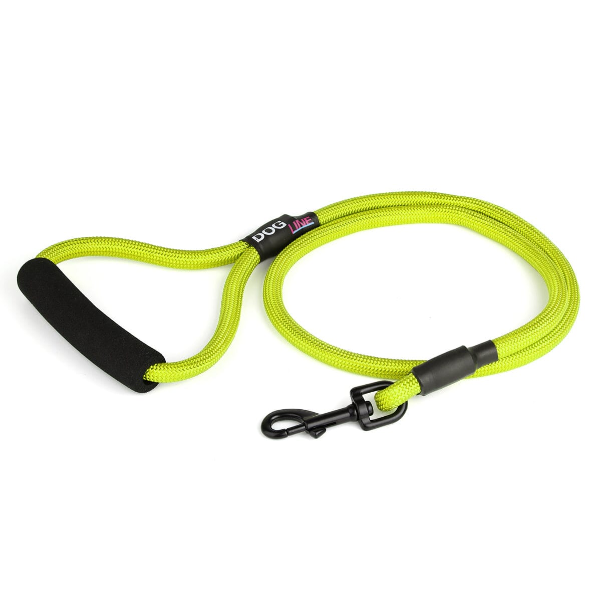 Lime green nylon dog leash with black snap hook and padded neoprene handle, round rope design, 4 ft long